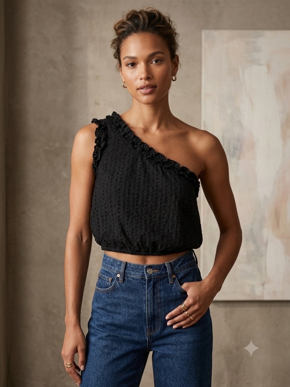 fab'rik Black One-Shoulder Ruffle Swiss Dot Crop Top